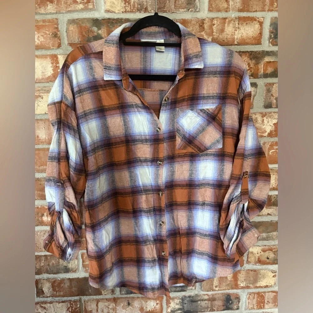 Daytrip Orange and Blue Plaid Button Down Shirt